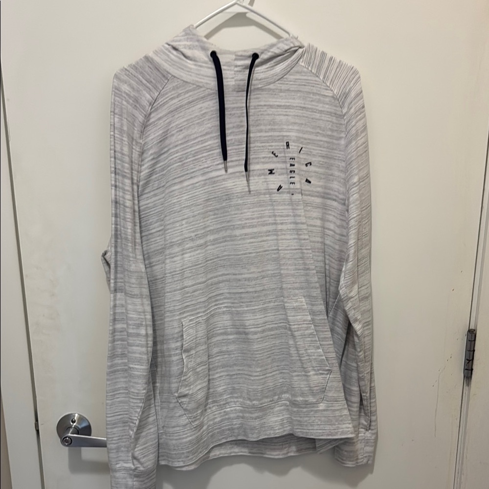 American Eagle Gray Striped Hoodie with Black Drawstrings
